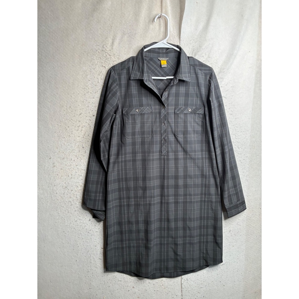 Eddie Bauer Travex Grey Plaid Long Sleeve Button Front Shirt Dress Womens Medium